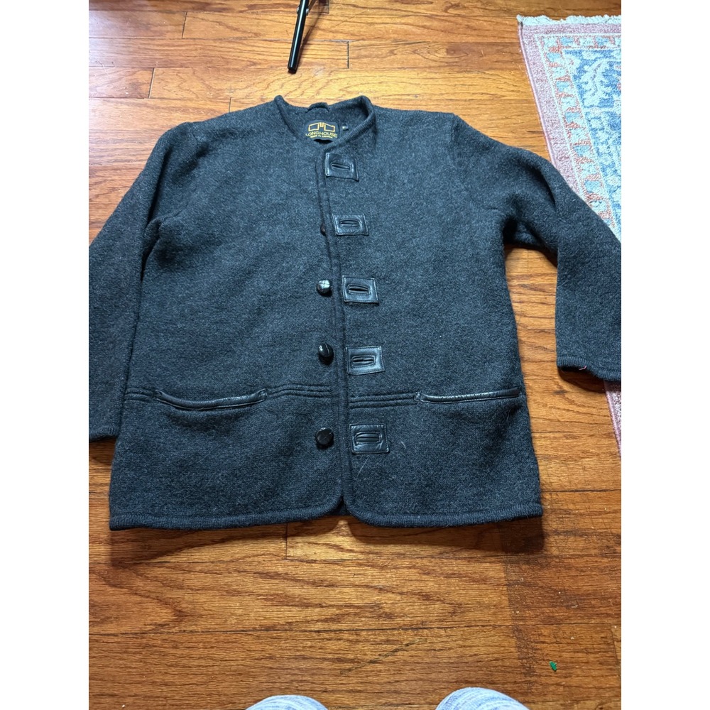 Longhouse Canada Pure Virgin Wool Cardigan Sweater Gray Leather Trim Womens S